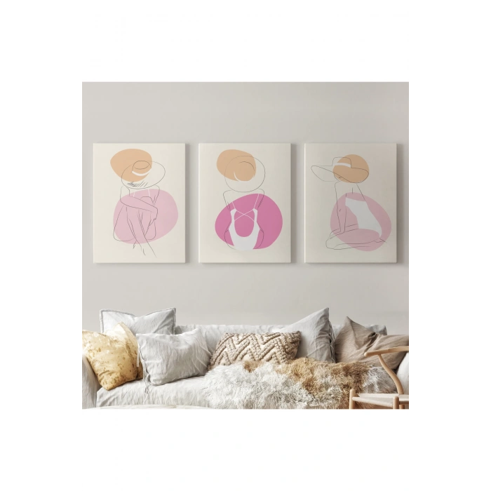 3’lü Tablo Zarif Kadınlar Çizgi Sanat Tarzında Dekoratif Tablo Seti-AR-17