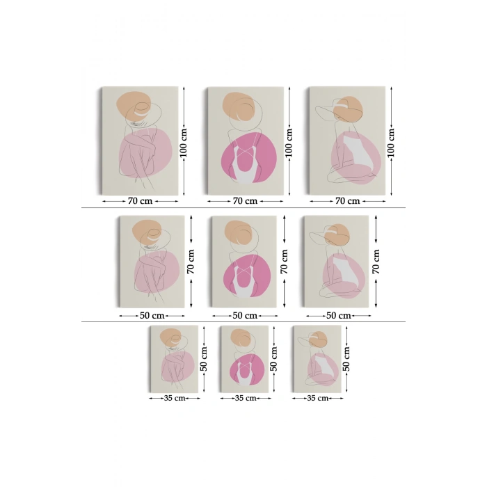 3’lü Tablo Zarif Kadınlar Çizgi Sanat Tarzında Dekoratif Tablo Seti-AR-17