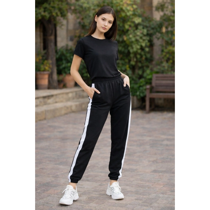 Kadın Beyaz Şeritli Eşofman Altı 2 İplik Paça Lastikli