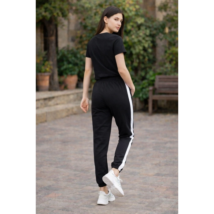 Kadın Beyaz Şeritli Eşofman Altı 2 İplik Paça Lastikli