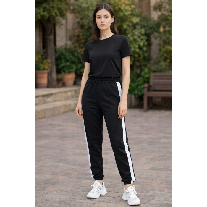 Kadın Beyaz Şeritli Eşofman Altı 2 İplik Paça Lastikli