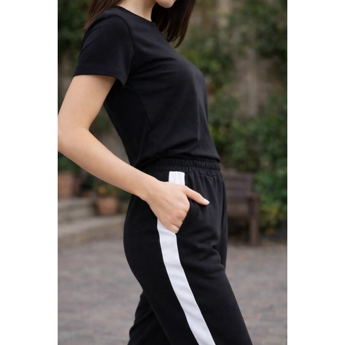 Kadın Beyaz Şeritli Eşofman Altı 2 İplik Paça Lastikli