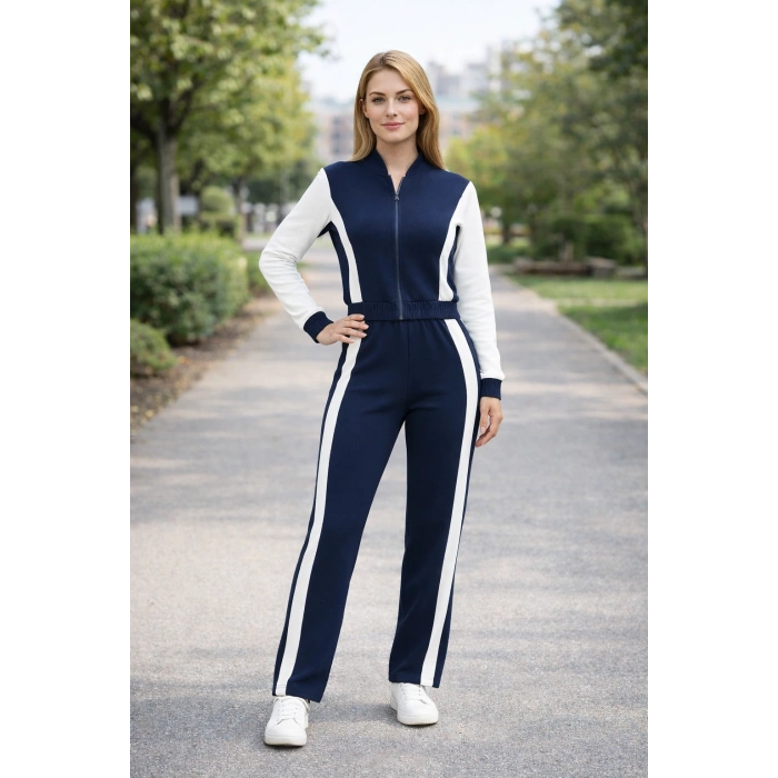 Kadın Fermuarlı Şerit Detaylı Eşofman Takımı  Bol Paça