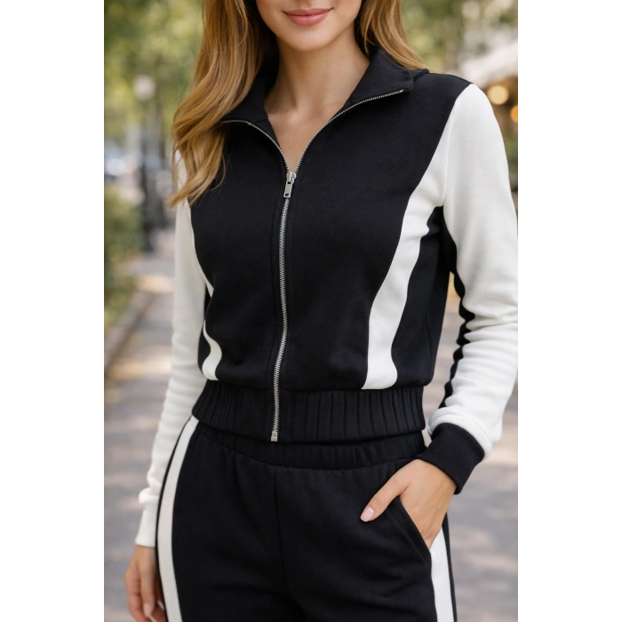 Kadın Fermuarlı Şerit Detaylı Eşofman Takımı  Bol Paça