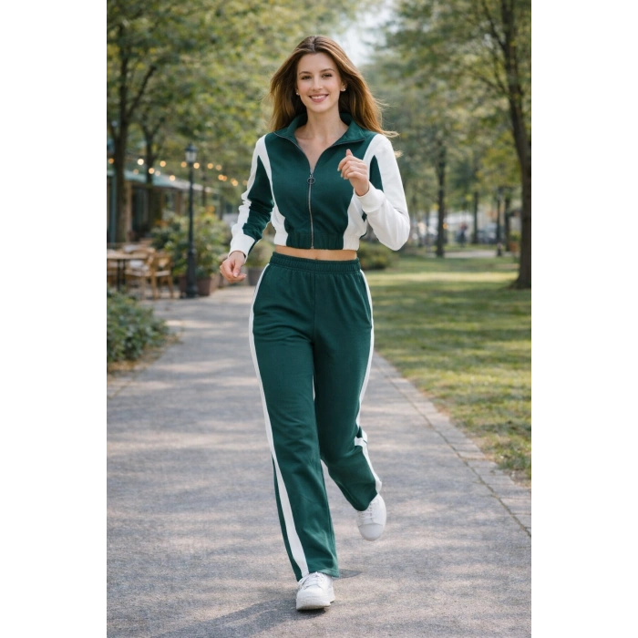 Kadın Fermuarlı Şerit Detaylı Eşofman Takımı  Bol Paça