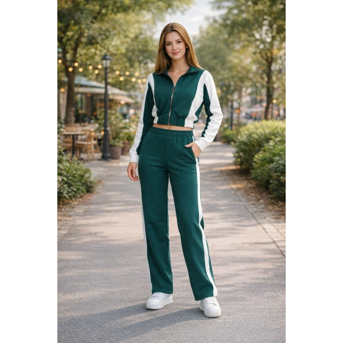 Kadın Fermuarlı Şerit Detaylı Eşofman Takımı  Bol Paça