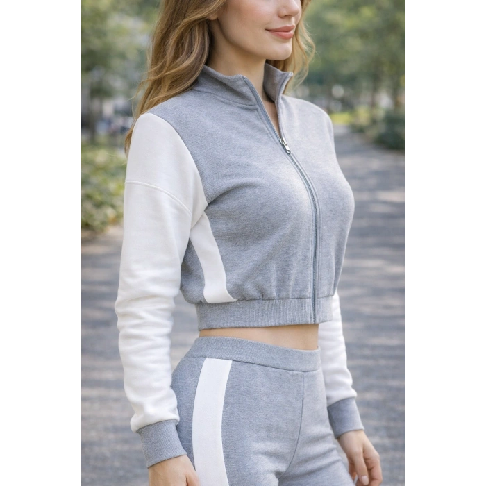 Kadın Fermuarlı Şerit Detaylı Eşofman Takımı  Bol Paça