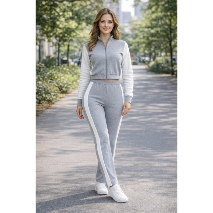 Kadın Fermuarlı Şerit Detaylı Eşofman Takımı  Bol Paça