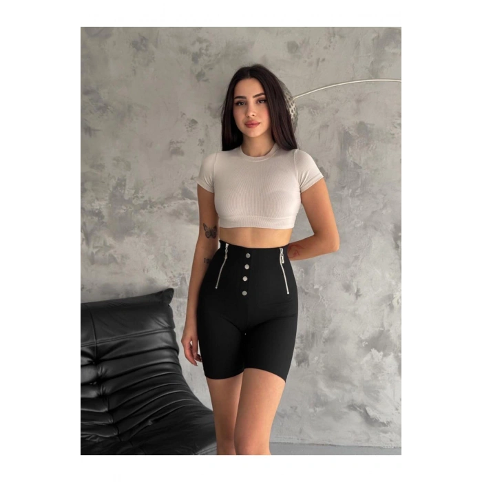 Kadın Siyah Yüksek Bel Premium Dalgıç Kumaş Düğmeli Fermuar Detaylı Şort Tayt