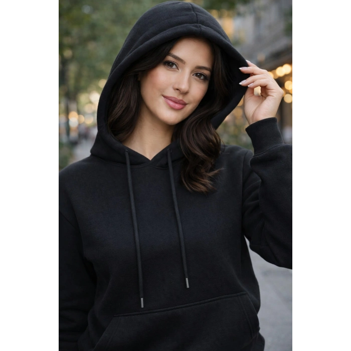 Kadın Oversize Premium 3 İplik Şardonlu Sweatshirt-Kapşonlu