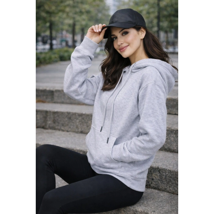 Kadın Oversize Premium 3 İplik Şardonlu Sweatshirt-Kapşonlu