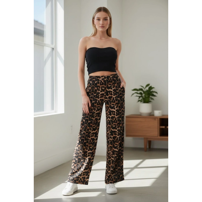 Kadın Leopar Desenli İnce Saten Yazlık Bol Paça Eşofman Altı – Hafif & Şık
