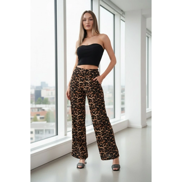 Kadın Leopar Desenli İnce Saten Yazlık Bol Paça Eşofman Altı – Hafif & Şık