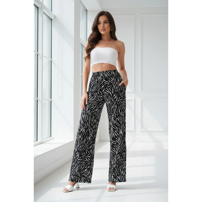 Kadın Zebra Desenli İnce Saten Yazlık Bol Paça Eşofman Altı – Hafif & Şık