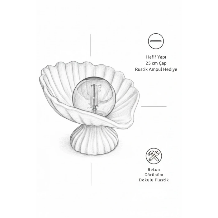 İstiridye Abajur Beton Görünümlü 3D 25 x 20 cm