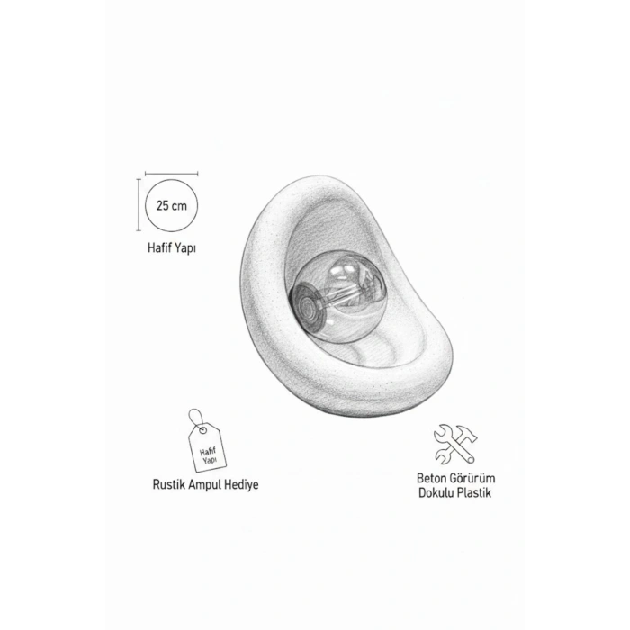 Modern Beton Dokulu Abajur Oval Gece Lambası 3D 25 Cm