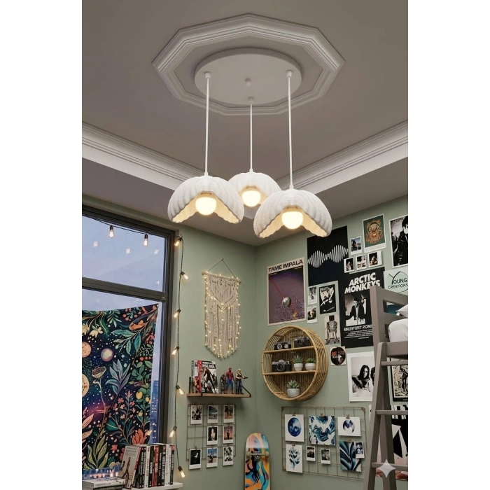 Beyaz 3 Lü Lotus Formlu Avize 24 x 24