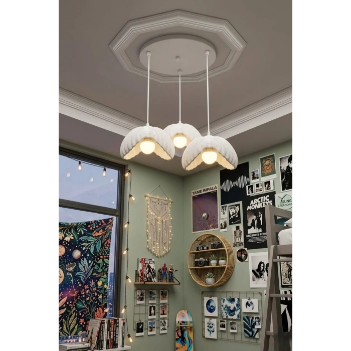 Beyaz 3 Lü Lotus Formlu Avize 24 x 24