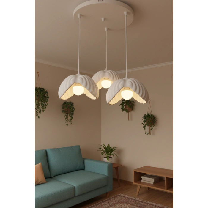 Beyaz 3 Lü Lotus Formlu Avize 24 x 24