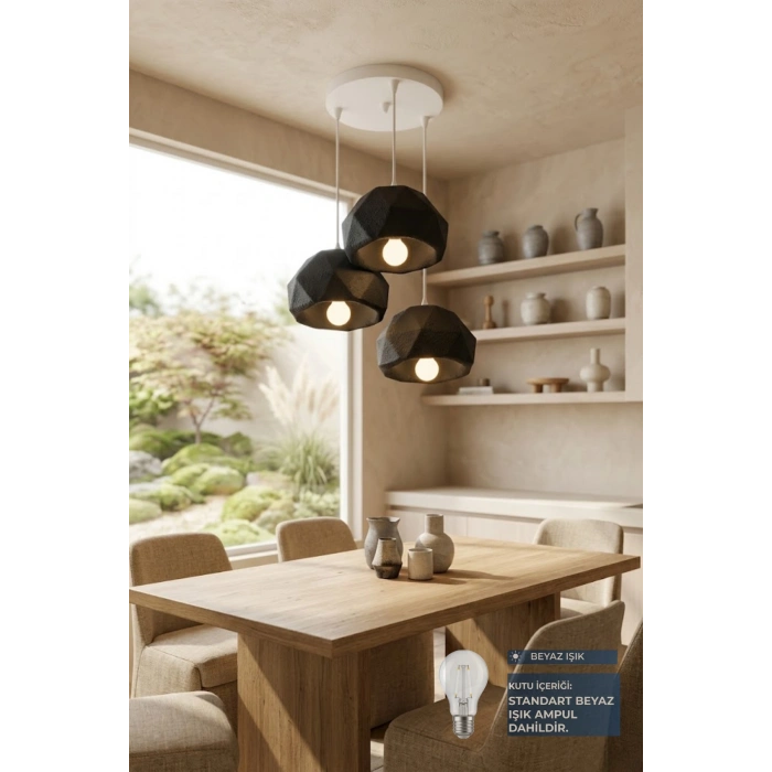 Siyah 3 Lü Geometrik Avize 25 x 25