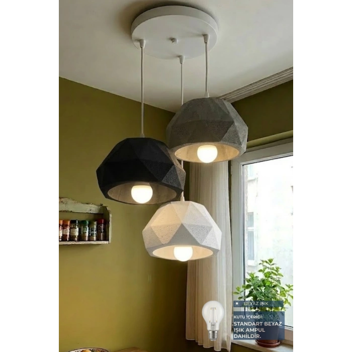 Siyah & Gri 3 Lü Geometrik Avize 25 x 25