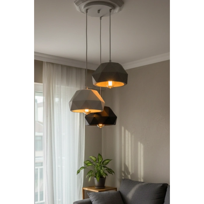 Siyah & Gri 3 Lü Geometrik Avize 25 x 25