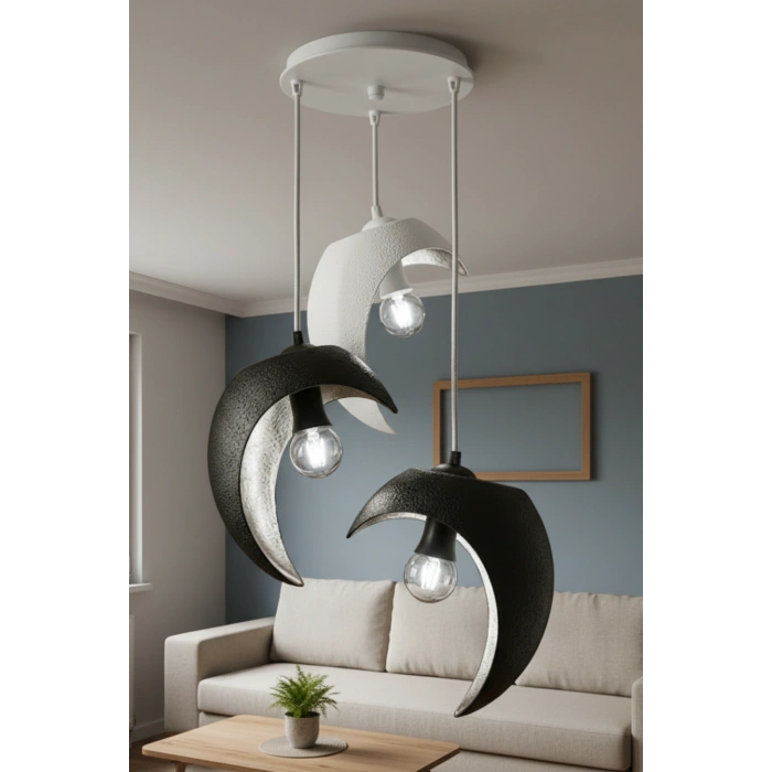 Siyah Beyaz Hilal Formlu 3lü Sarkıt Avize 25 x 20