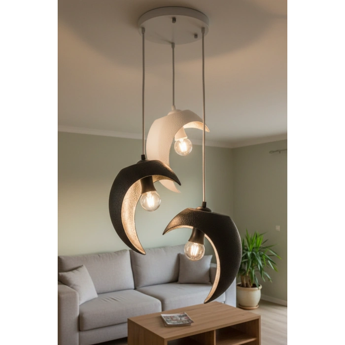 Siyah Beyaz Hilal Formlu 3lü Sarkıt Avize 25 x 20