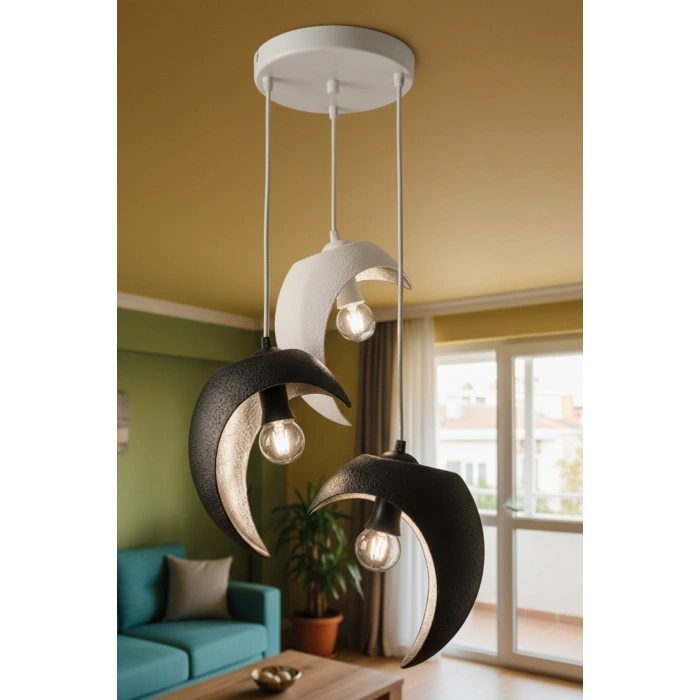 Siyah Beyaz Hilal Formlu 3lü Sarkıt Avize 25 x 20