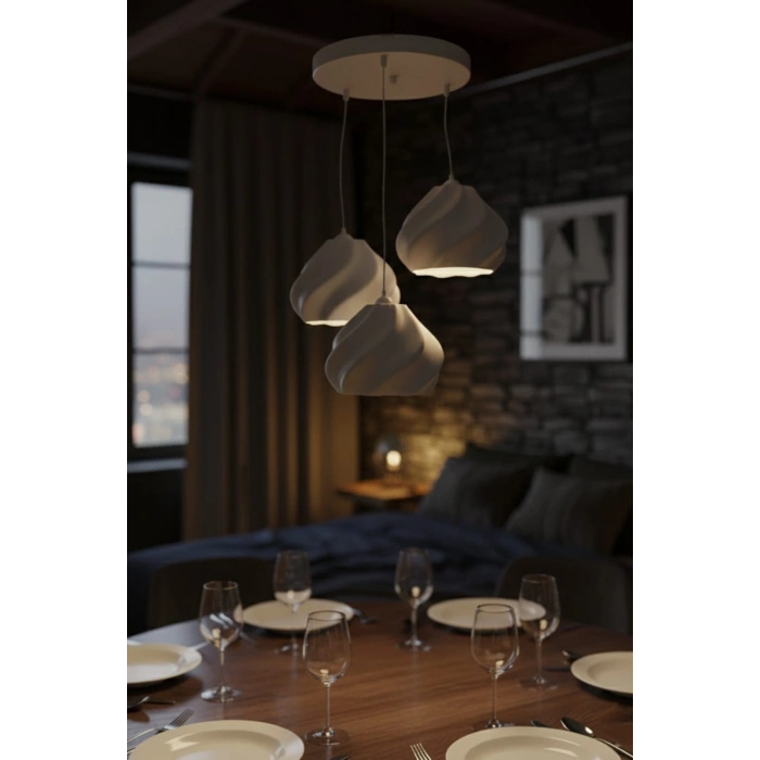 Beyaz Minimal Dalga Tasarım 3’lü Sarkıt Avize 25 x 20