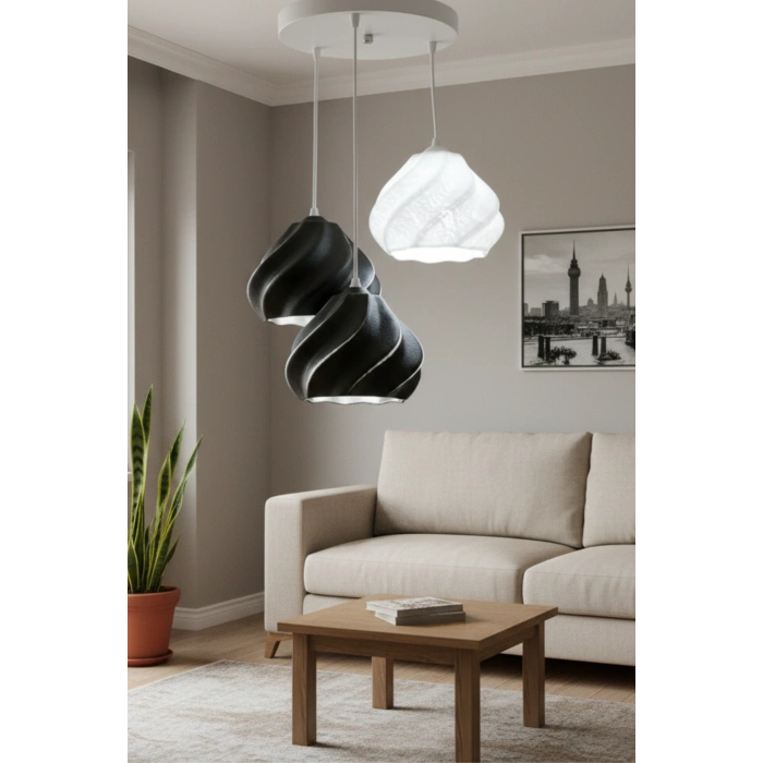 Siyah Beyaz Minimal Dalga Tasarım 3’lü Sarkıt Avize 25 x 20