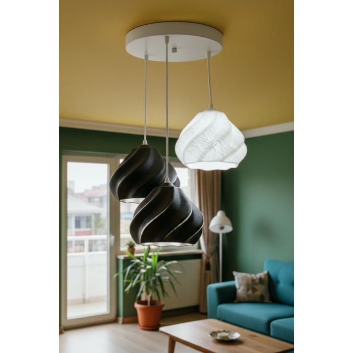 Siyah Beyaz Minimal Dalga Tasarım 3’lü Sarkıt Avize 25 x 20