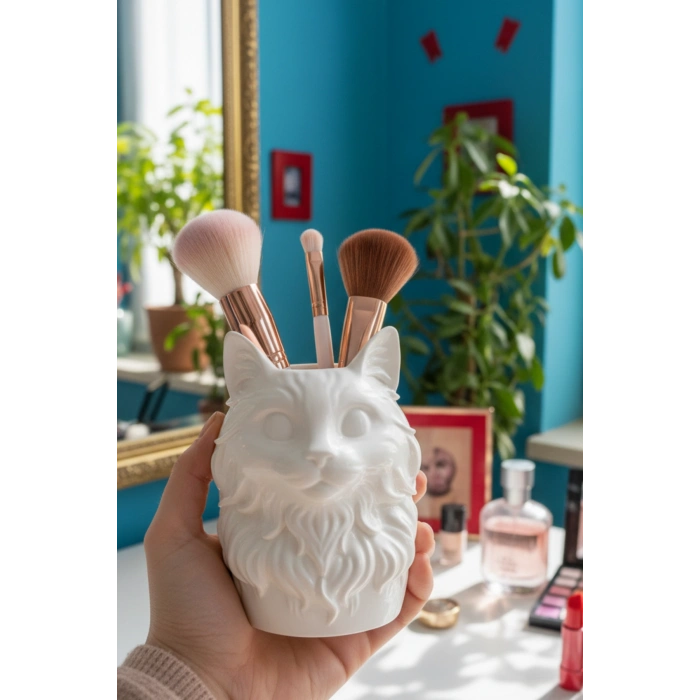 Beyaz Kedi Tasarımlı Kalemlik Organizer