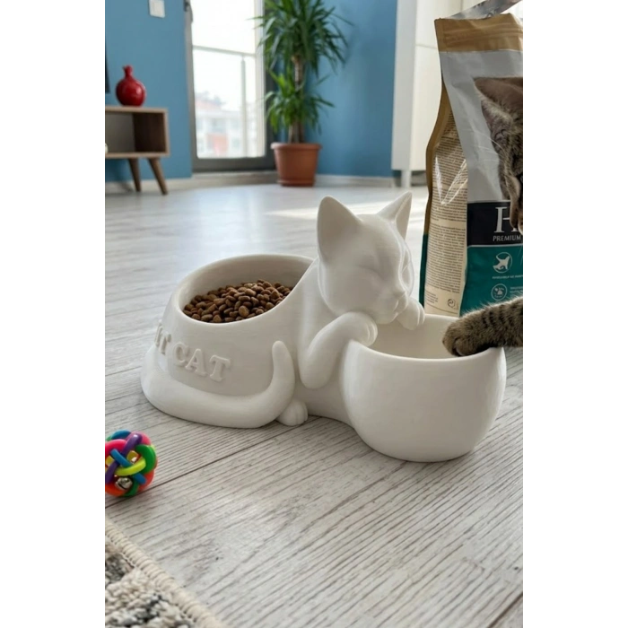 Beyaz Kedi Figürlü Mama Kabı Çift Hazneli 25 cm