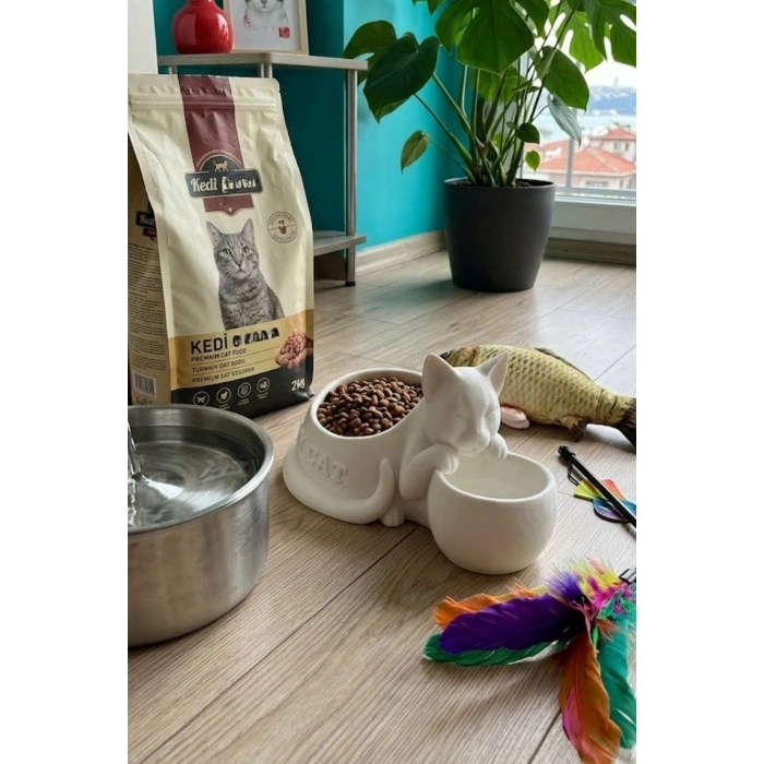 Beyaz Kedi Figürlü Mama Kabı Çift Hazneli 25 cm