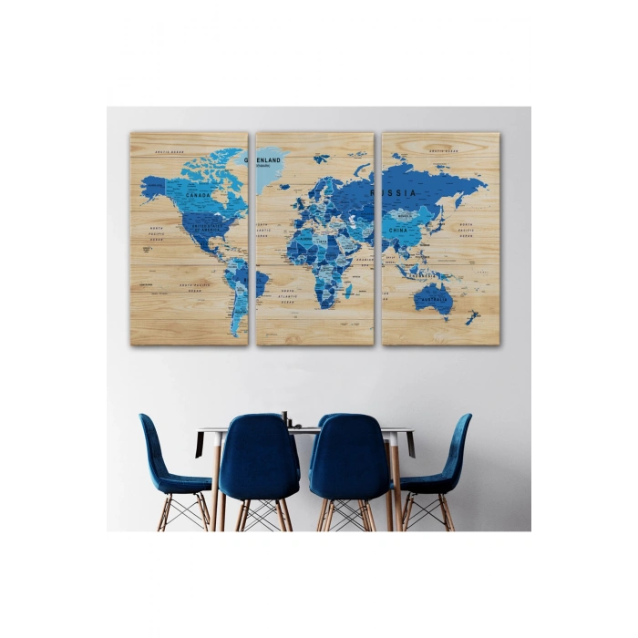 Ahşap Görünümlü Dünya Haritası Ayrıntılı ve Dekoratif Kanvas Tablo 1788