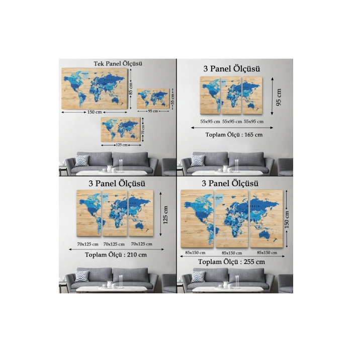 Ahşap Görünümlü Dünya Haritası Ayrıntılı ve Dekoratif Kanvas Tablo 1788