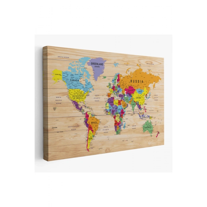 Ahşap Görünümlü Dünya Haritası Ayrıntılı ve Dekoratif Kanvas Tablo 1790