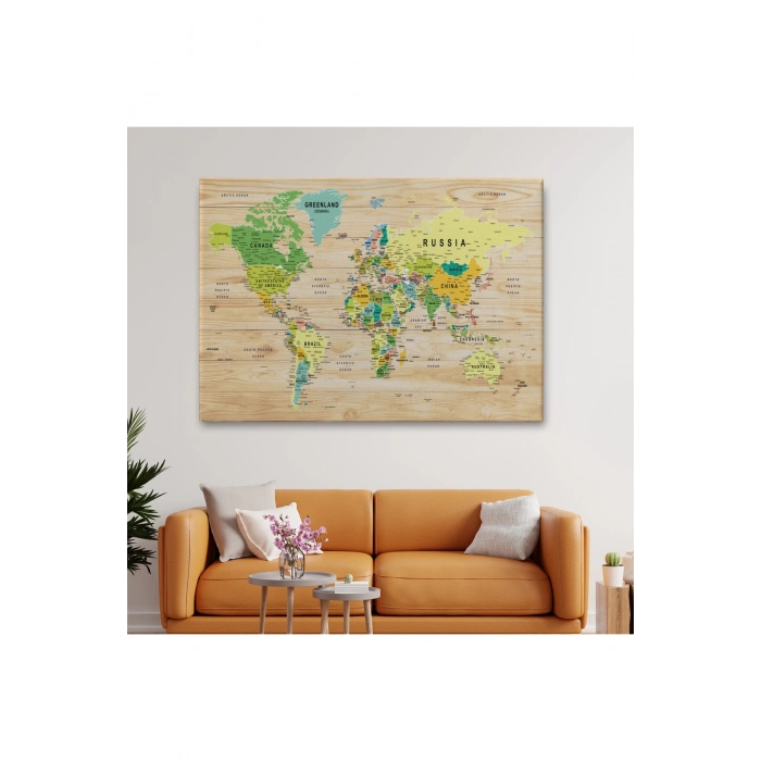 Ahşap Görünümlü Dünya Haritası Ayrıntılı ve Dekoratif Kanvas Tablo 1791