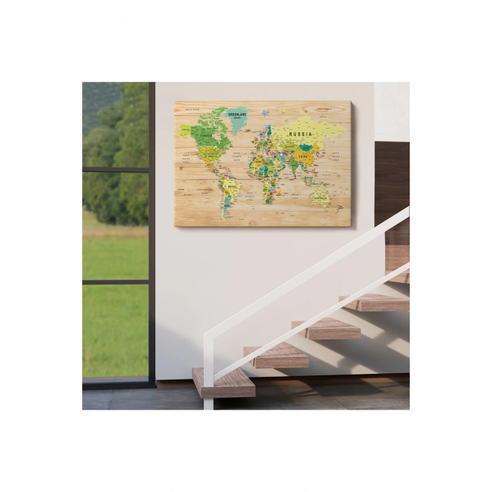 Ahşap Görünümlü Dünya Haritası Ayrıntılı ve Dekoratif Kanvas Tablo 1791