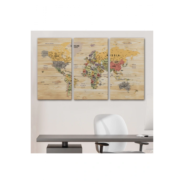 Ahşap Görünümlü Dünya Haritası Ayrıntılı ve Dekoratif Kanvas Tablo 1800