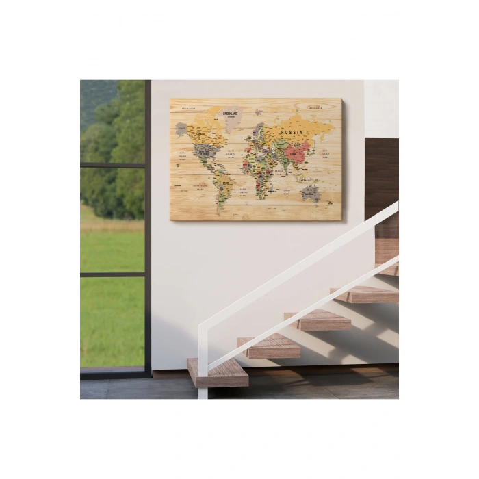 Ahşap Görünümlü Dünya Haritası Ayrıntılı ve Dekoratif Kanvas Tablo 1800