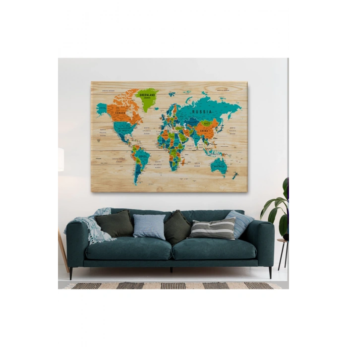 Ahşap Görünümlü Dünya Haritası Ayrıntılı ve Dekoratif Kanvas Tablo 1801