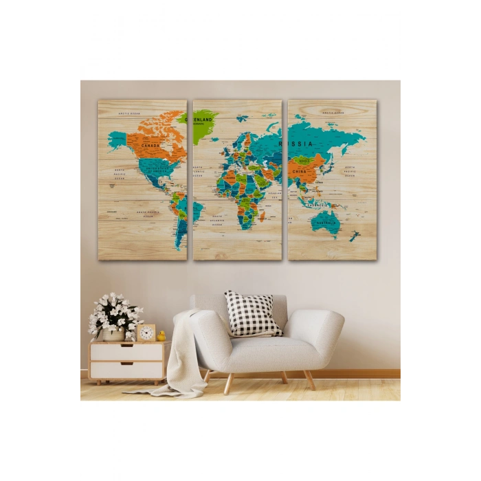 Ahşap Görünümlü Dünya Haritası Ayrıntılı ve Dekoratif Kanvas Tablo 1801