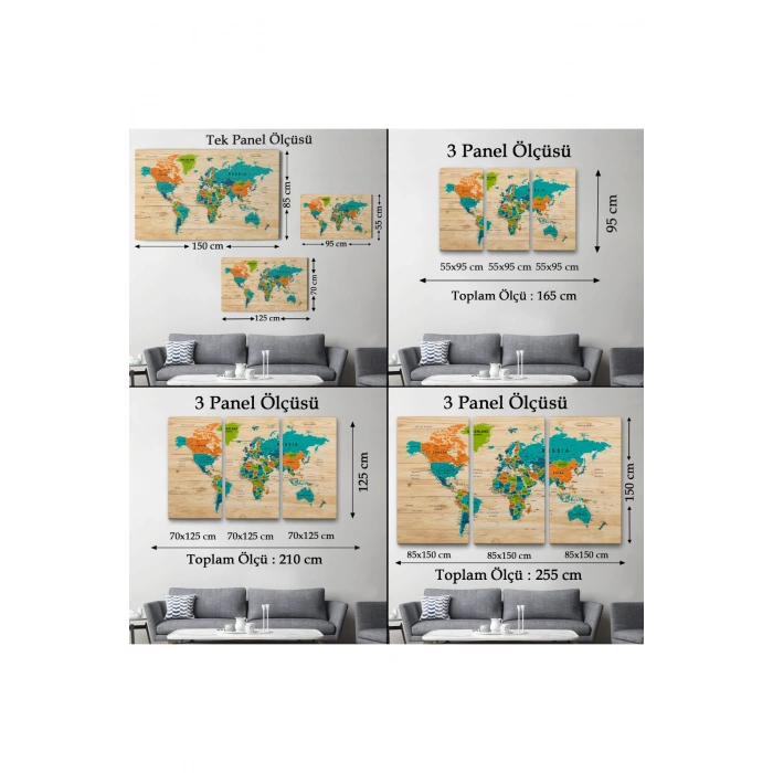 Ahşap Görünümlü Dünya Haritası Ayrıntılı ve Dekoratif Kanvas Tablo 1801