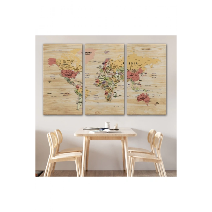Ahşap Görünümlü Dünya Haritası Ayrıntılı ve Dekoratif Kanvas Tablo 1803