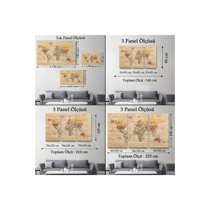 Ahşap Görünümlü Dünya Haritası Ayrıntılı ve Dekoratif Kanvas Tablo 1803