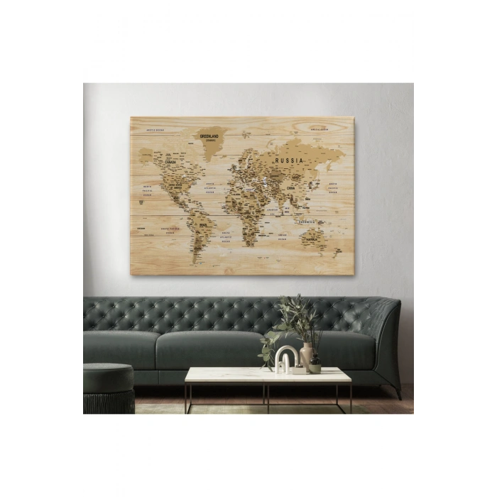 Ahşap Görünümlü Dünya Haritası Ayrıntılı ve Dekoratif Kanvas Tablo 1810