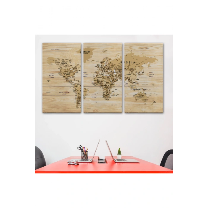 Ahşap Görünümlü Dünya Haritası Ayrıntılı ve Dekoratif Kanvas Tablo 1810