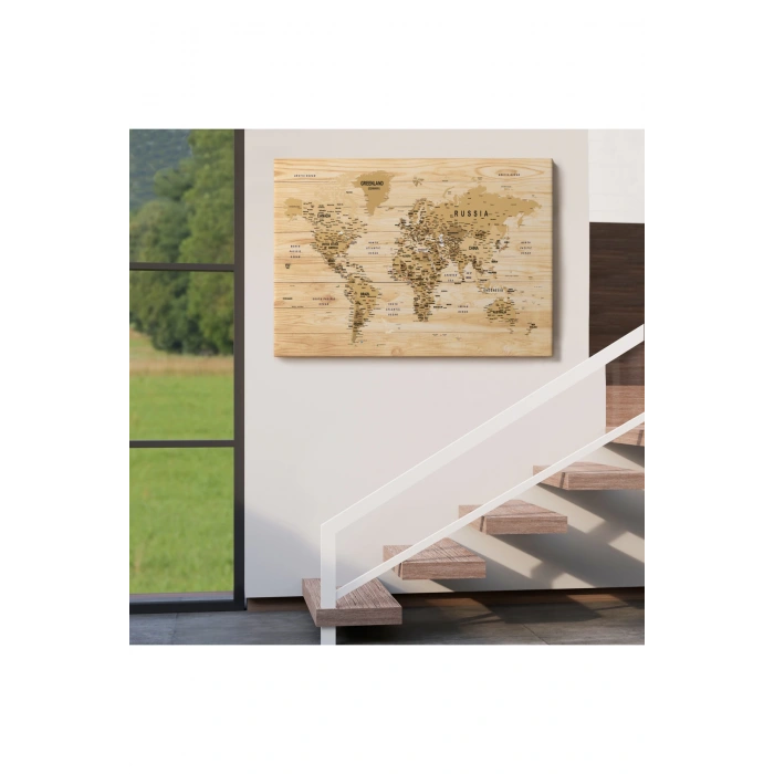 Ahşap Görünümlü Dünya Haritası Ayrıntılı ve Dekoratif Kanvas Tablo 1810